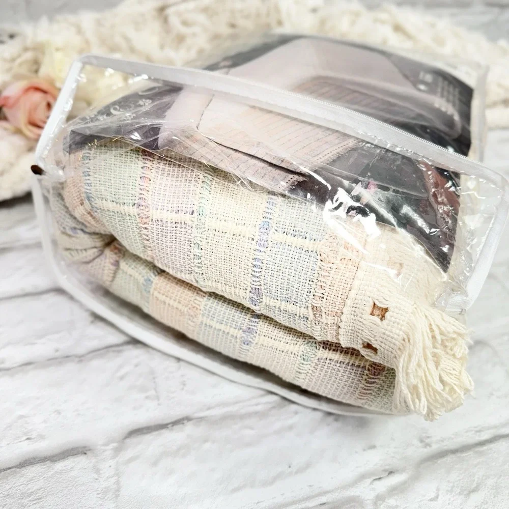 Vtg Sears Crown Craft Hampshire Queen Bedspread Waffle Weave Ivory Pastel Fringe